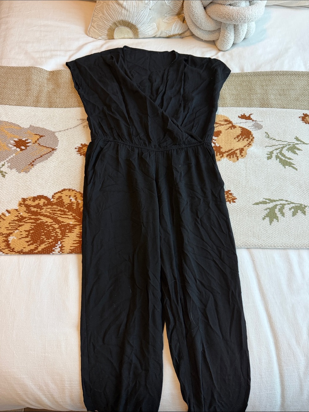Women's Black V-Neck Jumpsuit with Elastic Waist